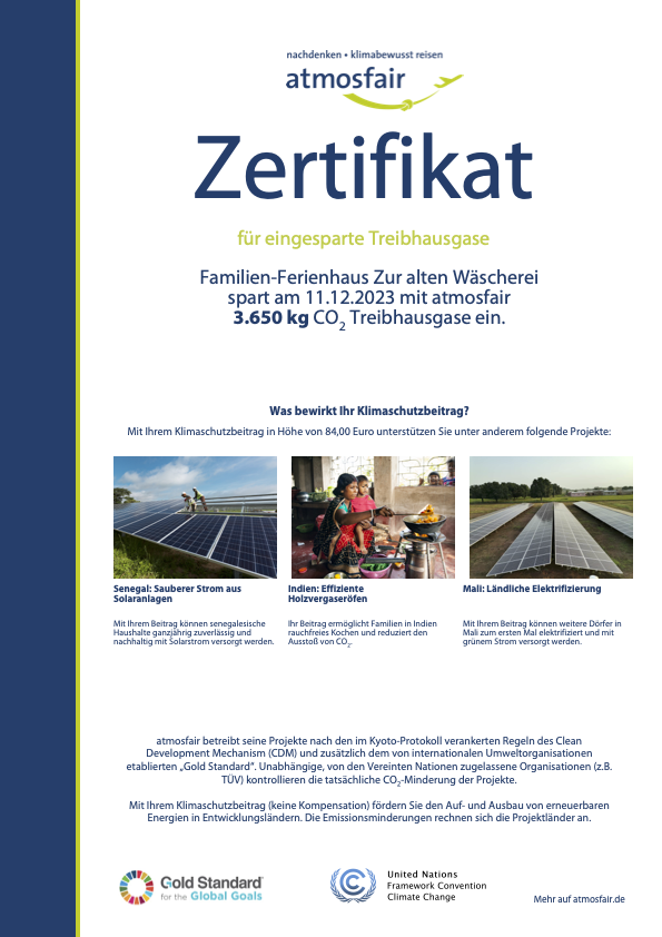 Atmosfair Klimaschutzzertifikat 2024